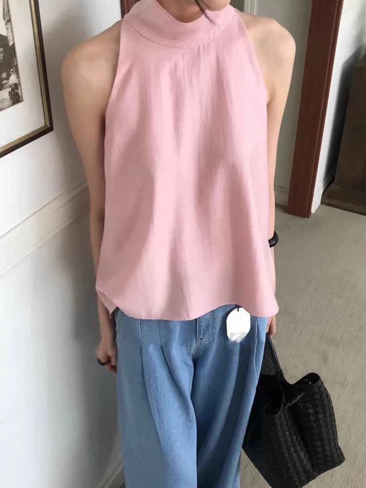 섹시한 백리스 넥 홀터 베스트 여성 여름 신상 레트로 루즈핏 셔츠와 매치 가능한 편안하고 통기성 좋은 캐주얼 웨어