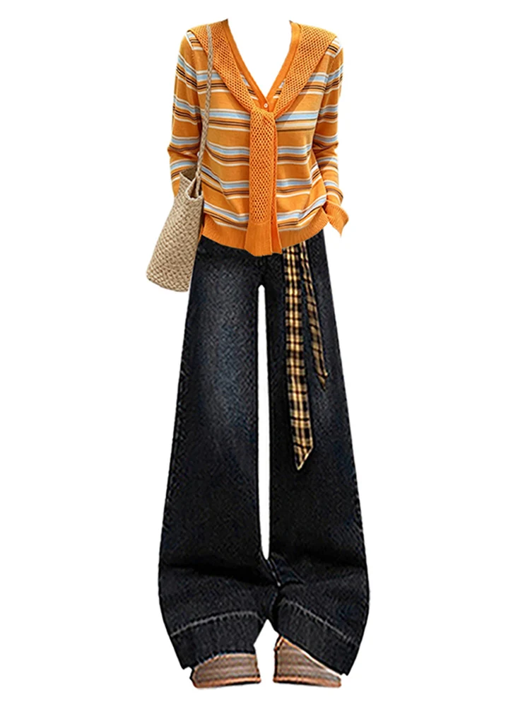 Retro Hong Kong Style Orange Dopaamine Autumn Shoulder Wrap Striped Top with Wide Leg Jeans Two Piece Set for Women