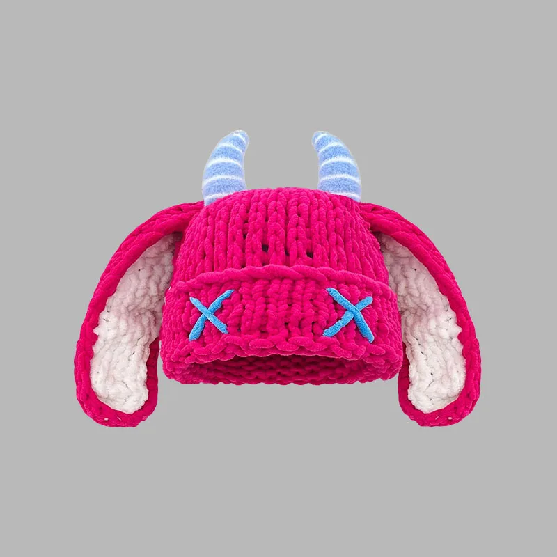 Hand-Crocheted Devil Horn Knit Hat Fashionable Winter Warm Soft to the Touch Long-Eared Rabbit Design Trendy Unique Beanie