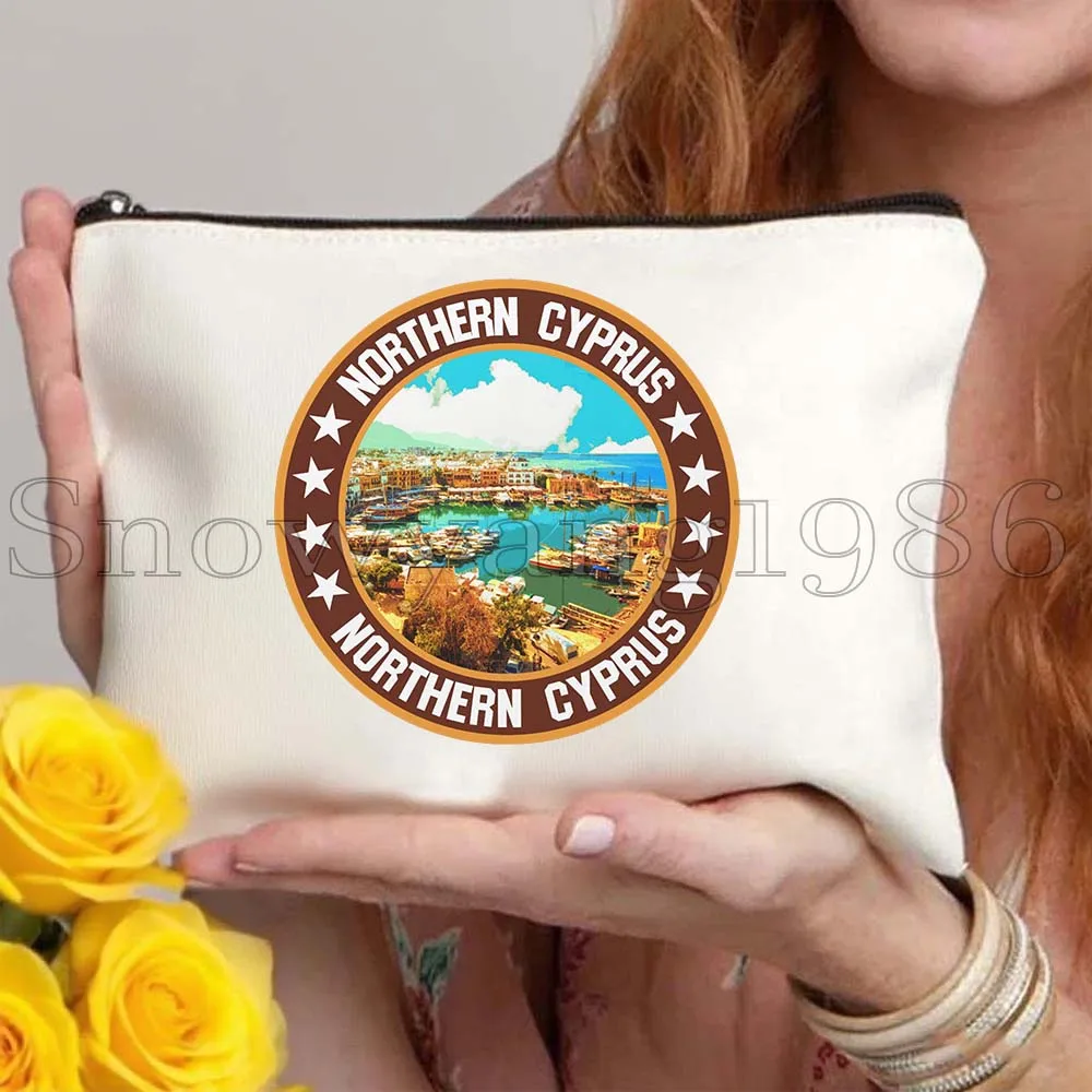 أذرع قبرص العلم خريطة نيكوسيا الهدايا قماش حقيبة مستحضرات التجميل ماكياج المرحاض حقيبة مقلمة سستة الحقيبة مفتاح محفظة نسائية للعملات المعدنية أكياس التخزين