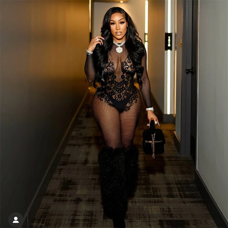 

Sexy Mesh See Through Bodycon Romper Women Jumpsuit Night Club Outfits Birthday Patchwork Skinny Long Sleeve One Pieces Overalls