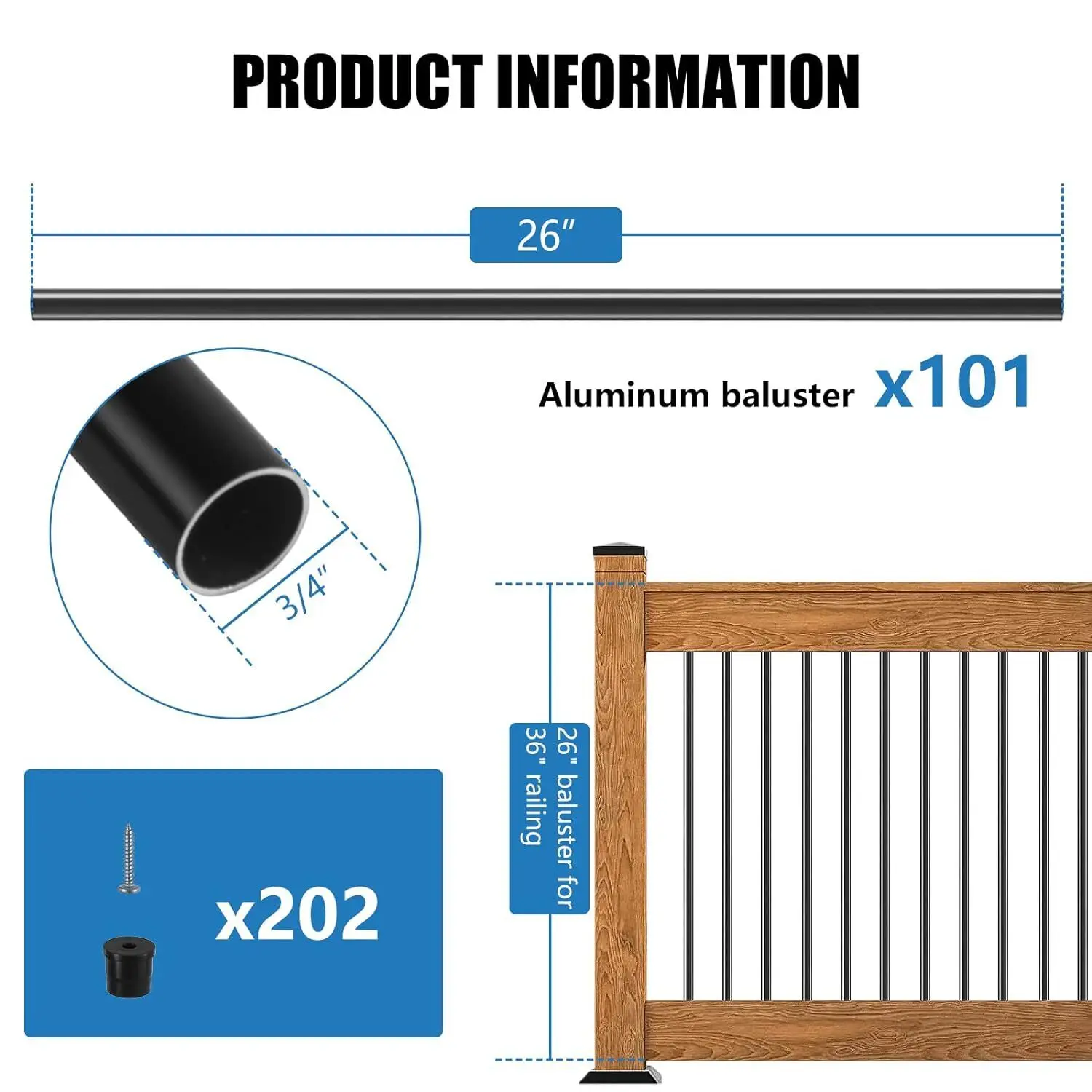 101 팩 알루미늄 데크 밸러스터, 라운드 블랙 데크 난간, 계단 베란다, 계단 스핀들, 목재용 중공, 직경 3/4 인치, 26 인치
