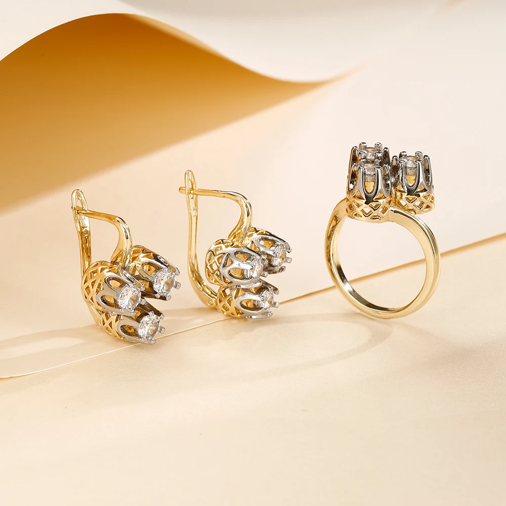 Elegant Hollow Flower Cluster Inlaid Zircon Earrings and Ring Set, High-End Two-Tone Gold Mother Gift, Versatile for Commuting