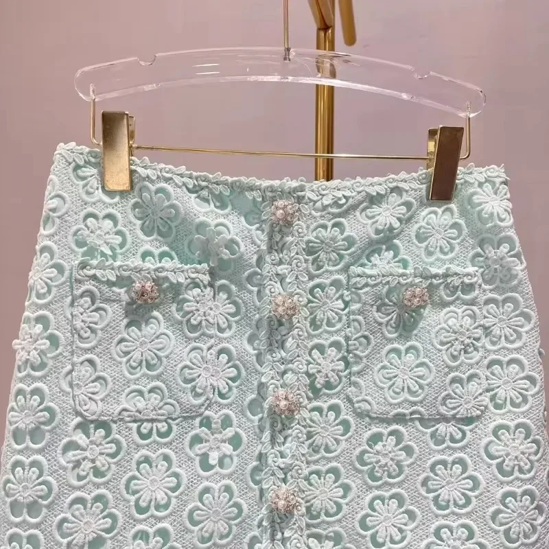 High Quality Women Two Piece Set 2024 Summer Mint Green Lace Suit Patchwork Floral Hollow Out Women Tops and Mini Skirt Set