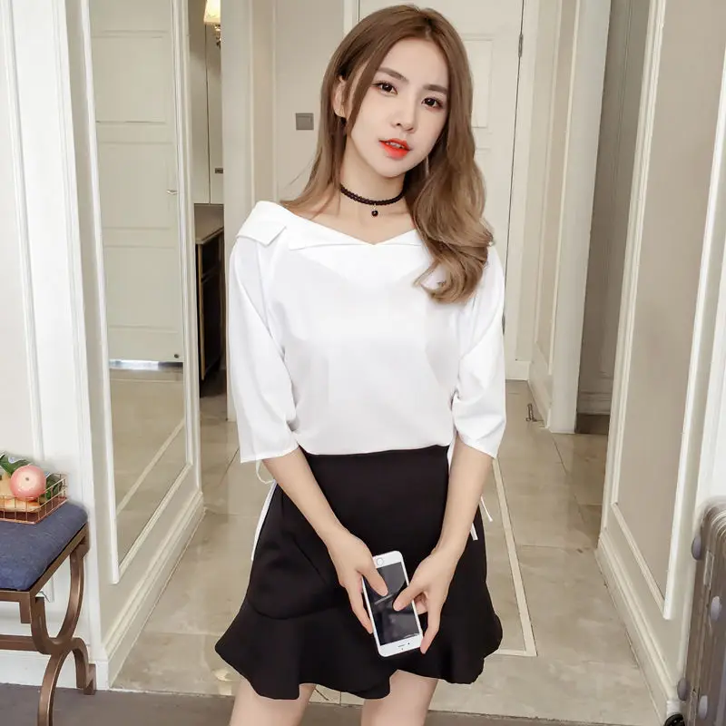 Women Summer Korean Fashion Loose Ruffles Solid Color Slash Neck Short Sleeve Chiffon Shirts Ladies Casual All-match Lacing Tops