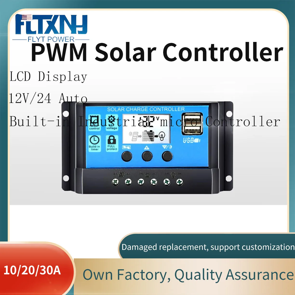 PWM Solar Controller 12V/24V Auto. 30A20A10A LCD Battery PV Cell Panel Charger Regulator Lamp 1000W 2000W 3000W 4000W 5000W