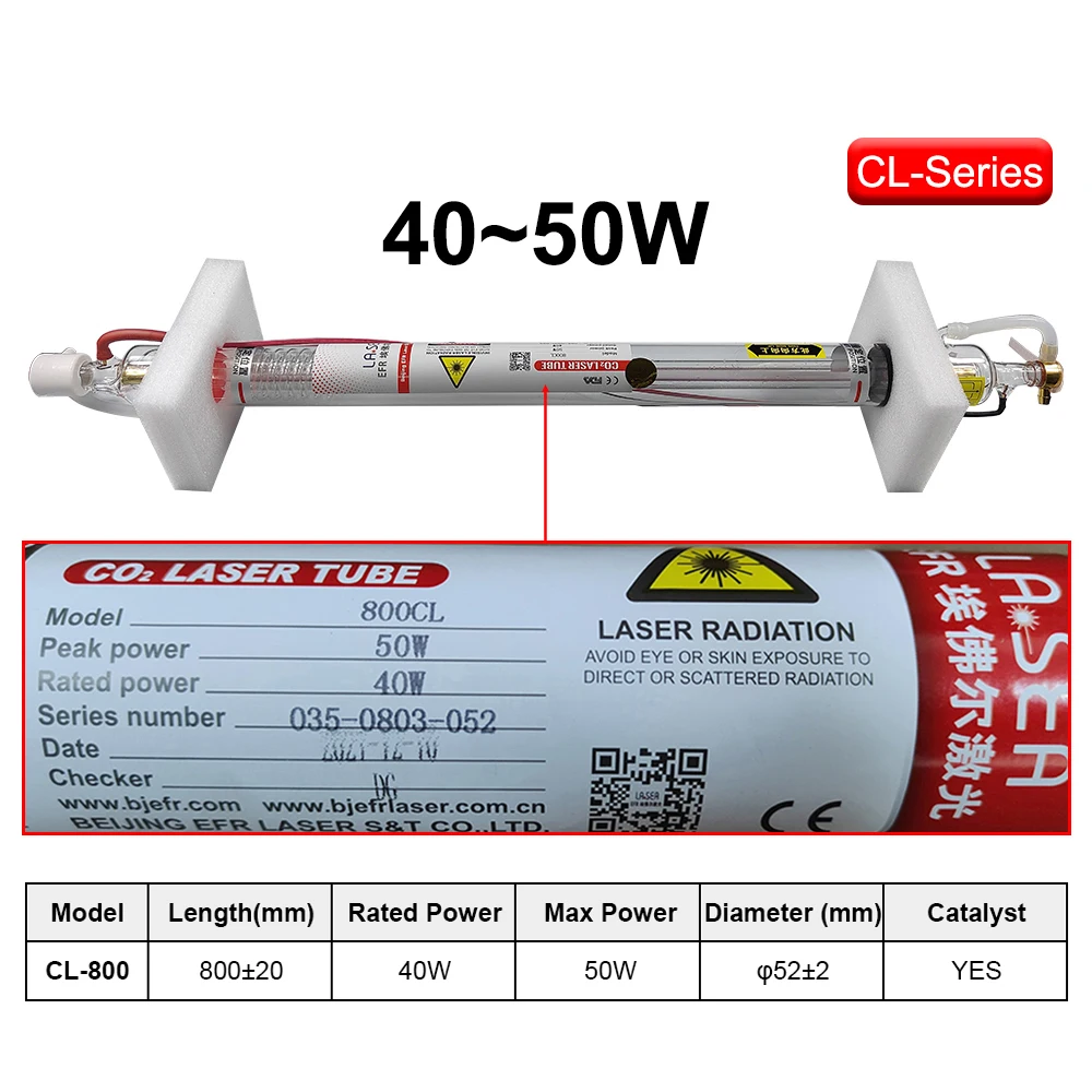 Imagem -04 - Tubo Laser para Máquina de Corte de Gravura Lâmpada de Vidro Efr 45w Diâmetro 50 mm Comprimento 800 mm Hunst-co2