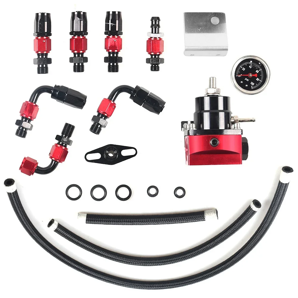 Engine Parts Universal  Adjustable Fuel Pressure Regulator Guage Kit Oil Line 100PSI Fpr AN6 Oil Hose Fitting EFI RED BLACK