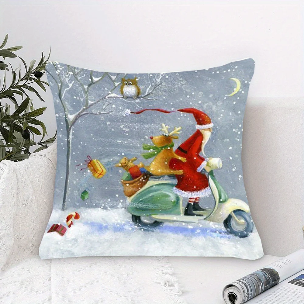 Vintage Style Santa on Scooter Double Sided Holiday Throw Pillow Cover Zippered Cushion Case Room Decor