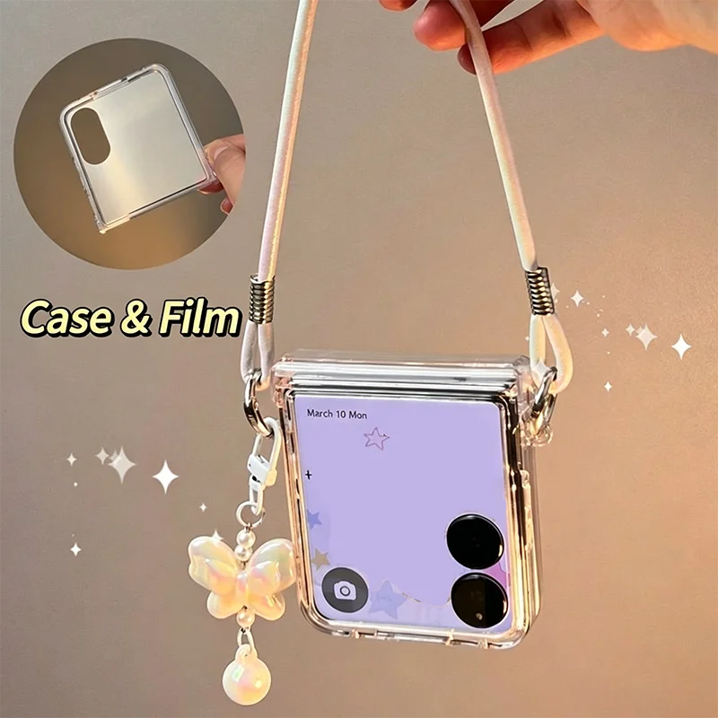 Clear Integrated Shell & Screen Film Case For Xiaomi Mix Flip Hard PC Foldable Phone Cover With Leather Strap Bow Pendant