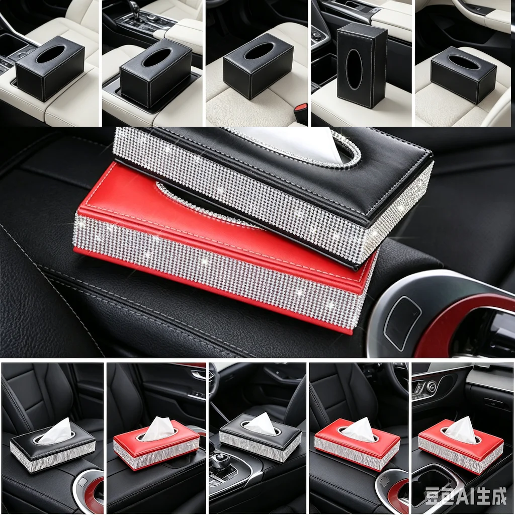 Lady Crystal Rhinestones Car Tissue Box PU Leather With Diamond Towel Case Napkin Storage Boxes