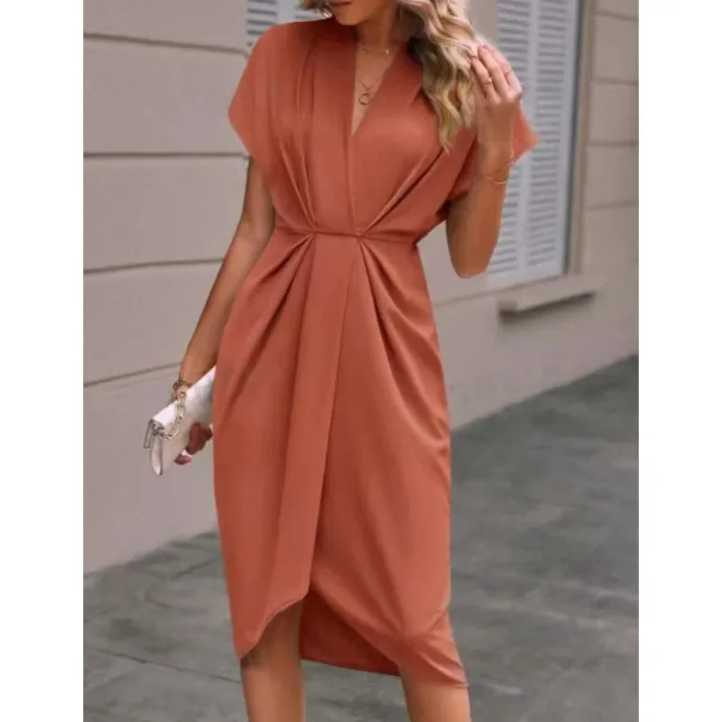 Women Elegant Short Sleeve Midi Dress New Spring Summer Sexy Deep V Neck Draped High Waist Office Party Boho Long Dresses