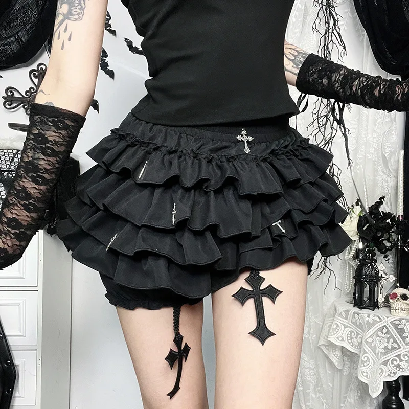 Women Skirts Harajuku Kawaii Y2K E-girl Rivet Puff Culottes Aesthetic Gothic Short Dress Vintage Girl Black Punk Cake Skirt-pant