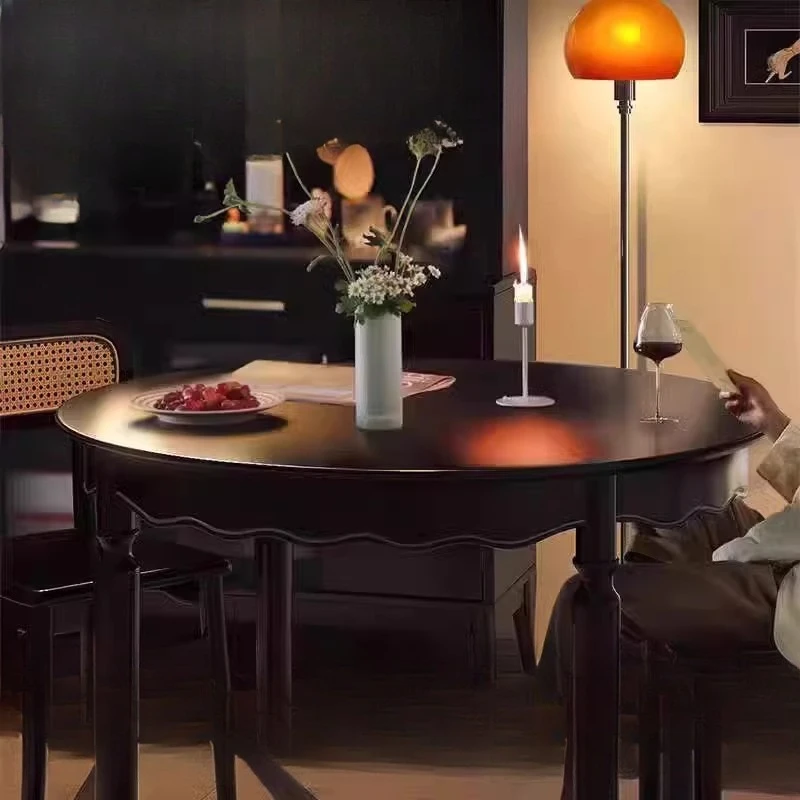 

American retro country, medieval all-solid wood round dining table, black round table