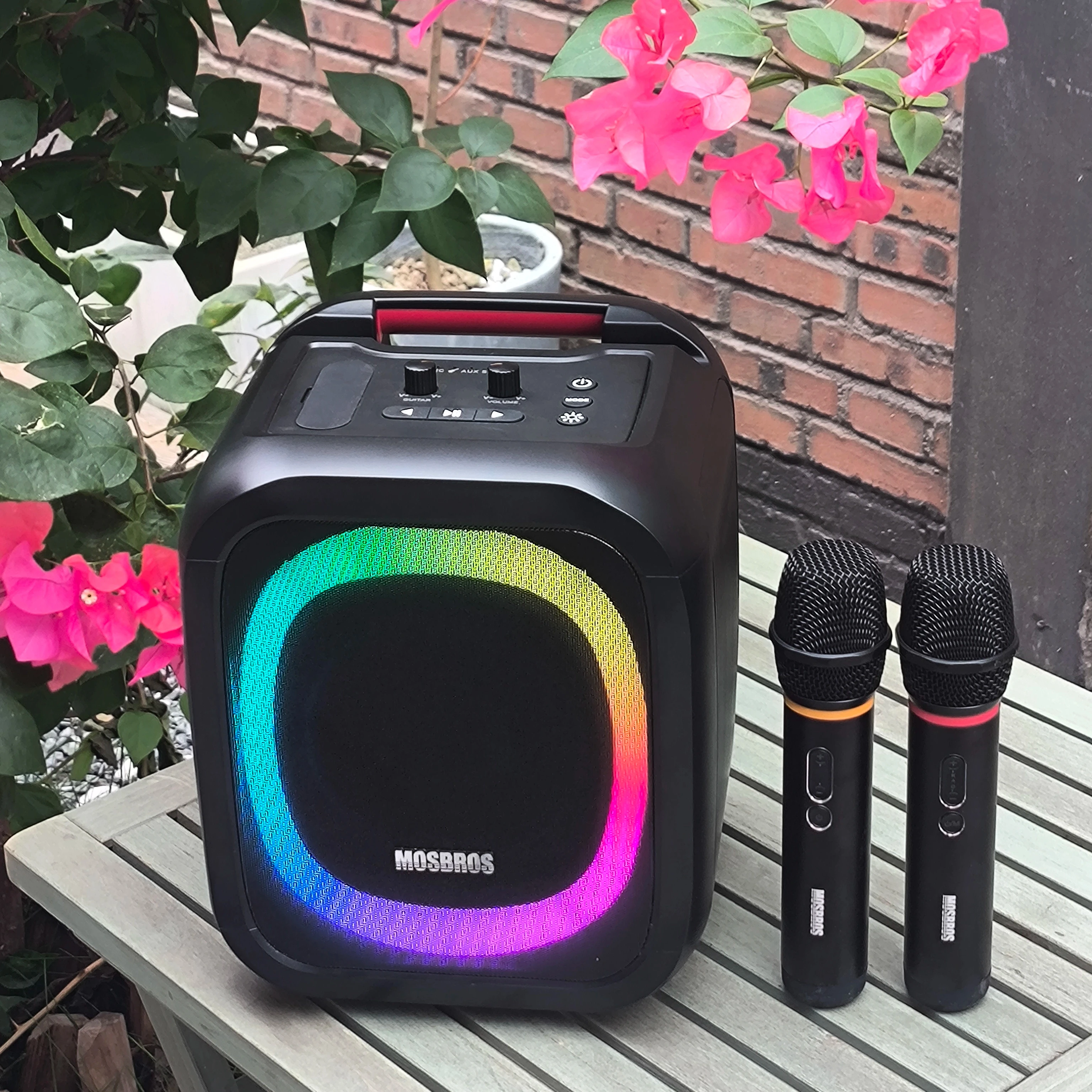 

Mosbros Karabass 7k Singing Machine 70W Power Two Wireless Microphones Outdoor Party Speaker 5 RGB Lights TWS Interconnection