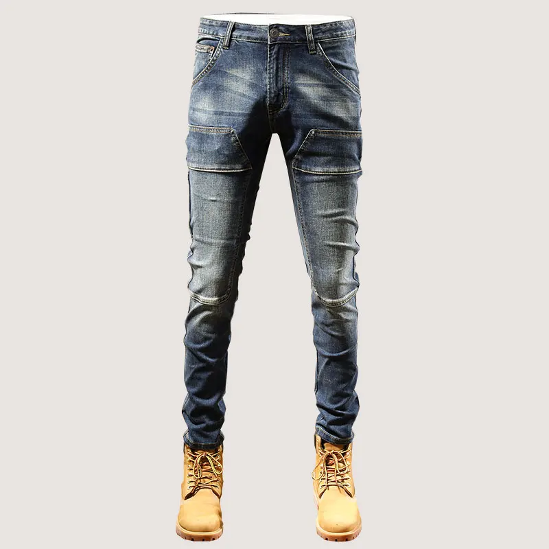 

Street Fashion Men Jeans Retro Blue Spliced Patch Designer Slim Biker Jeans Men Multi Pockets Elastic Hip Hop Cargo Pants Hombre