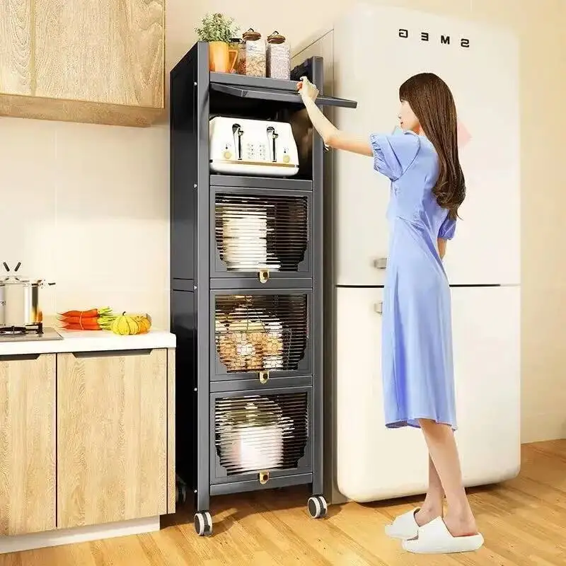 Carbon Steel Kitchen Cabinets Home Kitchen Furniture Floor Narrow Slot Racks Multi-layer Tableware Storage Cabinets with Doors m