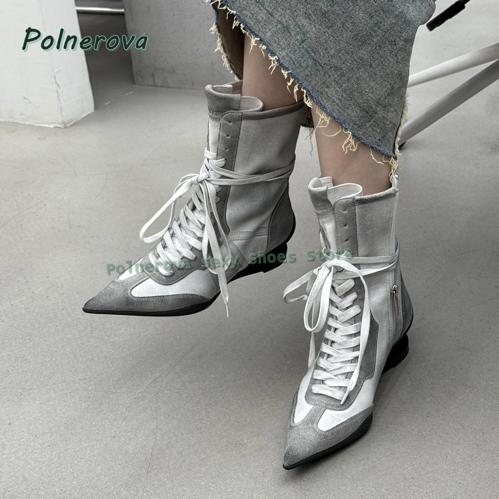 Women's Gothic Pointed Toe Ankle Boots Black Mixed Material Lace Up Wraparound Strap Flat Heel Alternative Fashion Shoes Spring