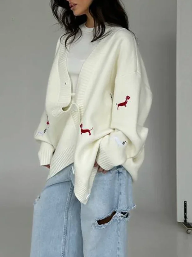 2025 Nieuwe Bestseller Modieuze Vrouwen Casual Worst Hond Geborduurde Trui Vest Herfst Veelzijdige Lange Mouwen V-hals Top