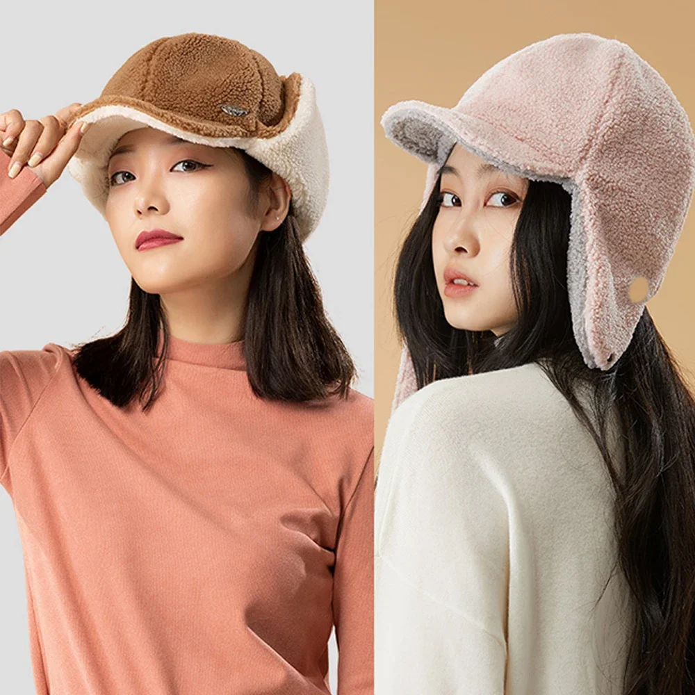 OhSunny-Sombrero de bombardero de piel para mujer, gorros bonitos de doble cara, a prueba de viento, cálido, con Protector de orejas, para invierno