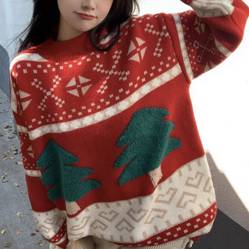

WPNAKS Christmas Women Comfy Loose Sweaters Autumn Winter Clothes Casual Cute Tree Pattern Warm Long Sleeve Pullover Streetwear