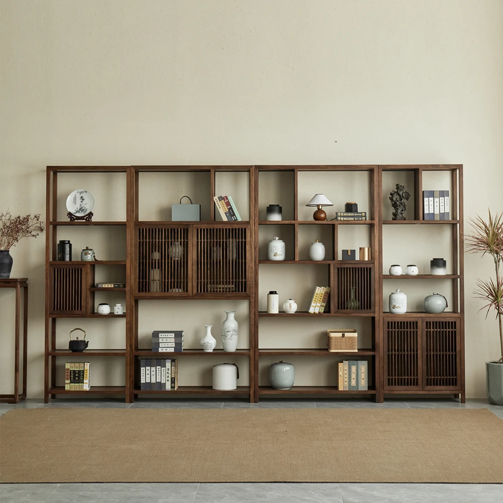 Bookcase combination solid wood Bogu shelf, black walnut living room, Duobao floor-to-ceiling storage