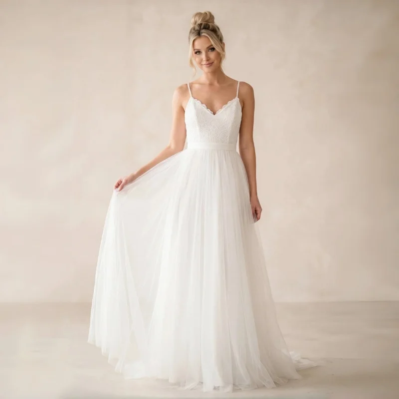 Minimal Boho Lace Tulle A-Line Adjustable Spaghetti Strap Wedding Dress Scalloped V Lace Bodice Pleated Tulle A-Line Customiz