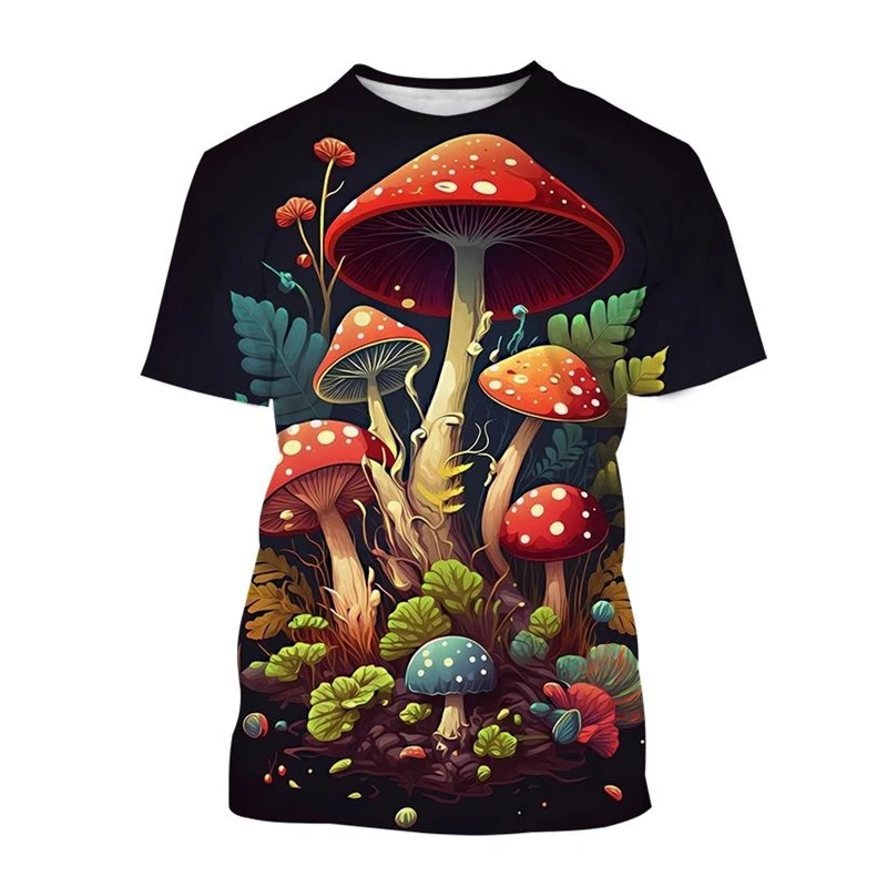 Psychedelic Mushroom 3D Print T-Shirt Men Forest Round Neck Short Sleeve Plants Graphic T Shirt Fashion Casual Unisex Tops Tees