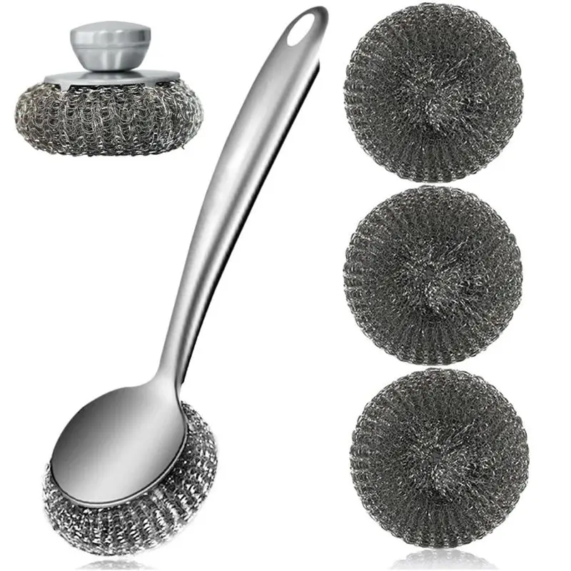 Steel Wool Scrubber Dish Brush With Handle, Deep Cleaning Metal Scrubber Set, Steel Scrubber For Dishes,Metal Scrubbers