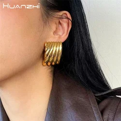 HUANZHI Metal Square Striped Wave Large Stud Earrings for Women Girls Fashion Retro Exaggerated Classic Party Jewelry Gifts New
