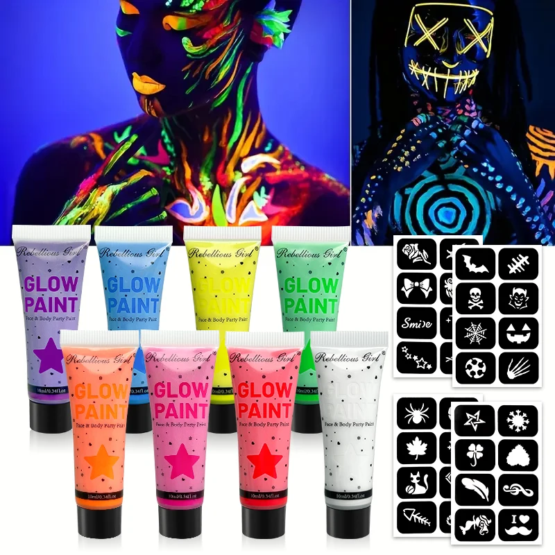10ml 8色UVブラックライトフェイスペイント、タトゥーステッカー付き、蛍光ネオンボディペイント、洗えるクイック、マルディグラハロウィン