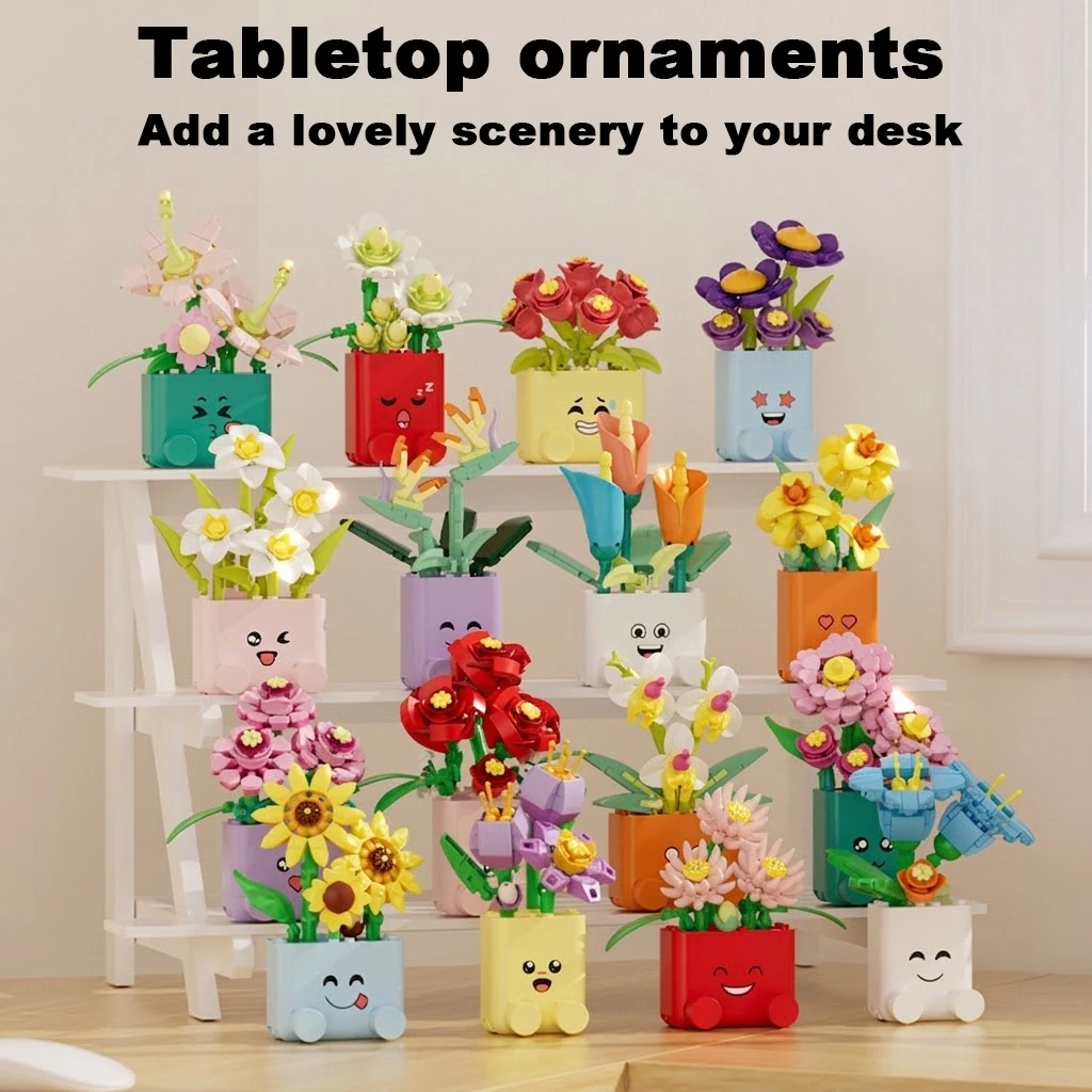Creative Emoticons Potted Plants Building Blocks Toy Model Sunflowers Roses Flower Botanical Bricks Assemble Ornament Kid Gift