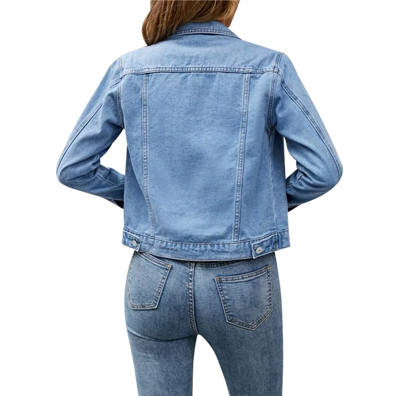 BHBD-Jean Jackets For Women Basic Long Sleeve Button Down Denim Jacket Cropped Fashion Jean Jacket