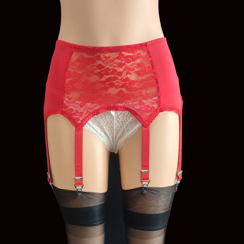 Women Vintage High Waist Garter Belt Flower Embroidery Hollowed Out Mesh Suspender Belt 6 Clips Garters for Thong Stocking S-3XL