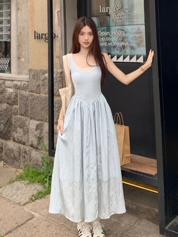 

New Women Summer Fashion Blue Two-piece Splice Vest Dresses Waist-Cinching Large A-line Long Skirt Vintage Casual Holiday Dress