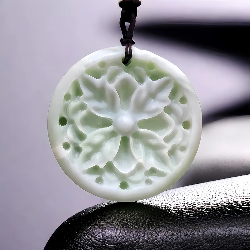 Natural Real Jade Flower Pendant Necklace Stone Amulet Vintage Carved Jewelry Accessories Luxury Chinese Charm Gift Fashion