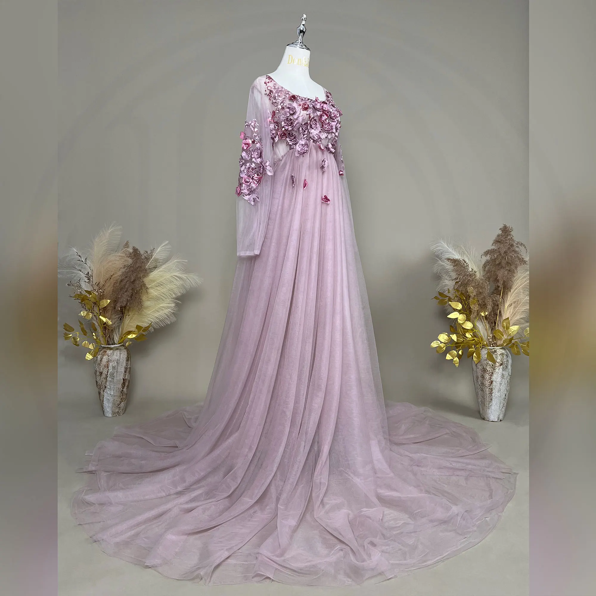 Don&Judy Mauve Tulle Maternity Dress for Photoshoot 3D Flowers Embroidery Pregnancy Gown Party Evening Dress for Pregnant Women