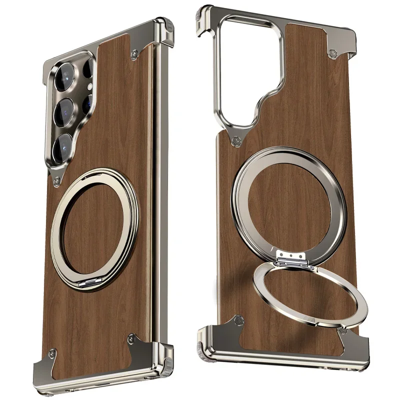 Magnetic Magsafe Case For Samsung Galaxy S24 Ultra 360° Rotating bracket Walnut Wood Metal alloy Framework Protective Cover