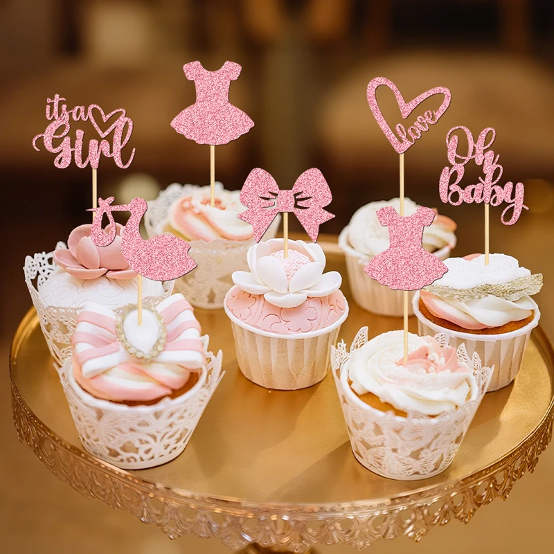 YOMDID 24 Stück Baby-Shower-Cupcake-Topper, Gender-Reveal-Kuchenaufsätze, Glitzer-Liebesherzen, Liebes-Schriftzug, Schleifen-Kleid-Kuchendekorationen – Detail 9
