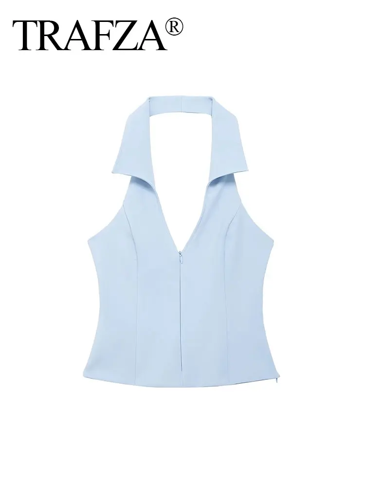 TRAF 2024 Woman Zipper Decorate Solid Slim Top Summer Women Chic Sexy V-Neck Sleeveless Backless Suspender Top Streetwear