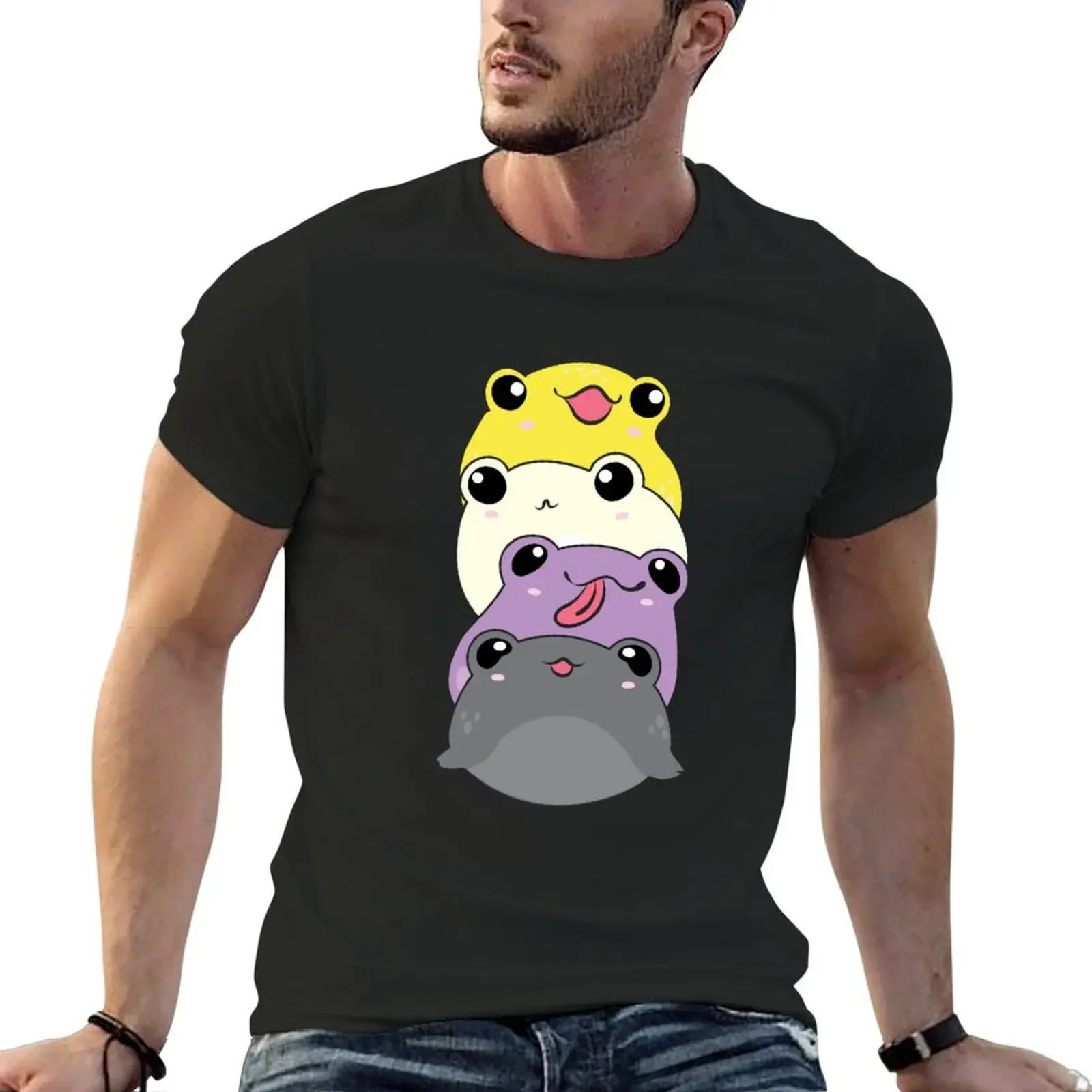 Nonbinary Pride Frog - Cute Kawaii Aesthetic Frog - Subtle Non-Binary Enby NB Pride Flag Colors Frog Pile T-Shirt