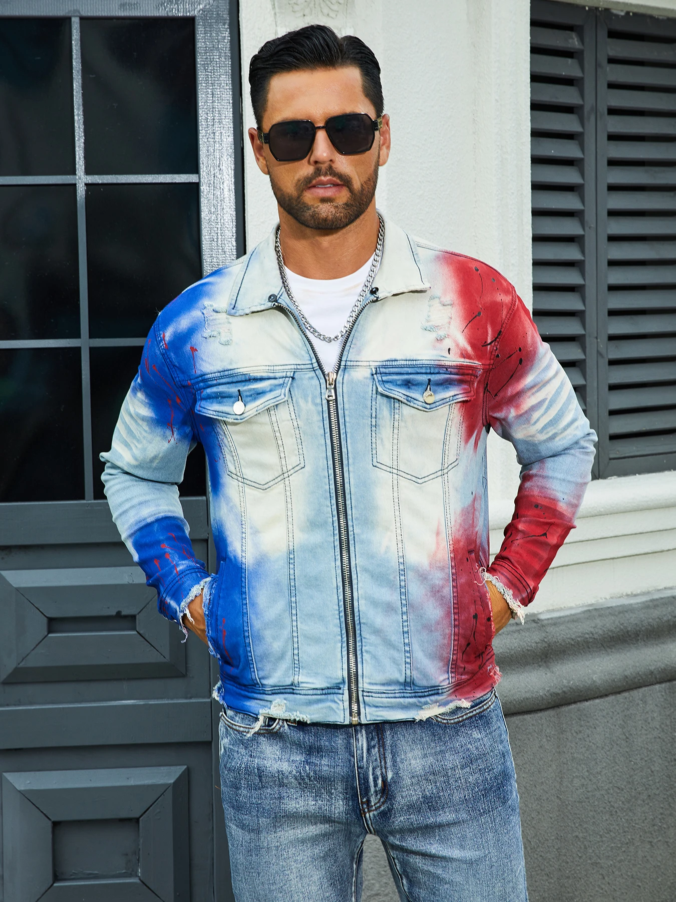 Men's fashion stretch jacket, full strip printing, fashion wash, has a very fashionable designRSMFABELANTEJKT-WHBL-ML