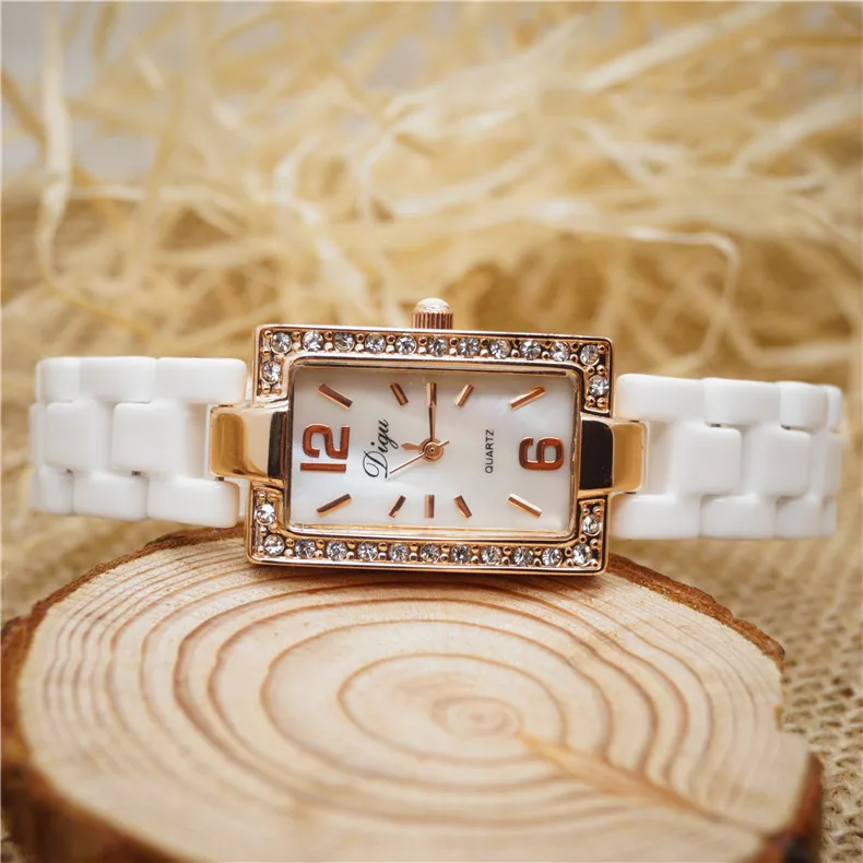 Digu Women Quartz Watch Diamond Dial White Case Band Rhinestone Orologio Luxury Ceramic Strap Clock Ladies Rectangle Wristwatch