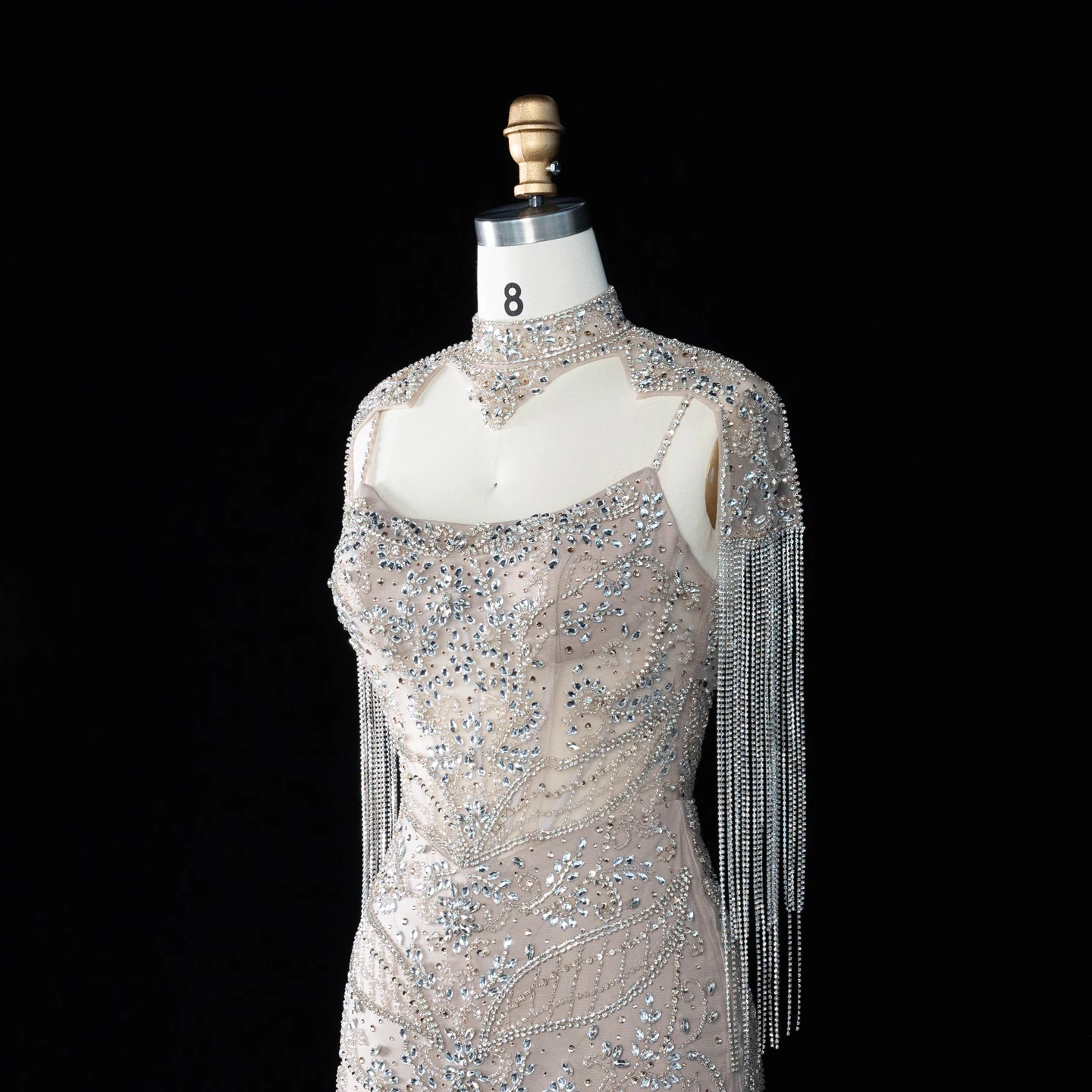 Sharon Said Luxuriöses Champagner-Abendkleid mit hohem Kragen, Spaghettiträgern, Quastenumhang, Meerjungfrauen-Schnitt, für formelle Anlässe, Partykleid SS182, maßgeschneidert – Detail 7
