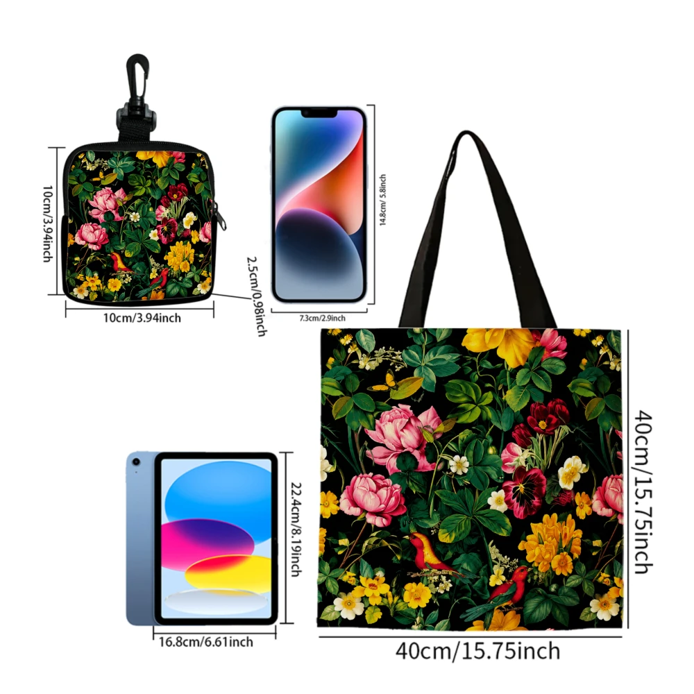 Aesthetic Dark Vintage Floral Bird Print Tote Bag and Coin Purse Combo - Shoulder Bag for Shopping Travel, Floral Themed