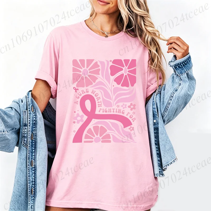 Boho Floral Breast Cancer Awareness Print Women's T-Shirt Short Sleeve T Shirt Pink Ribbon Women's T-Shirt Clothing Top Tee Gift