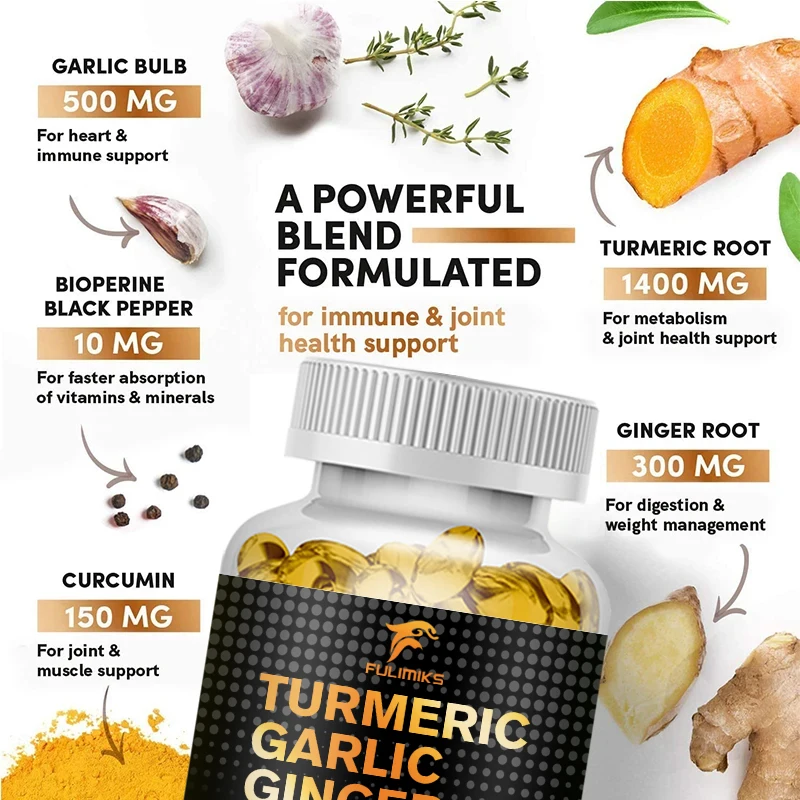 Curcumin Capsules - Contains Garlic, Ginger, Alkaloids and Black Pepper for Natural Joint Support - Relieve Joint Pain