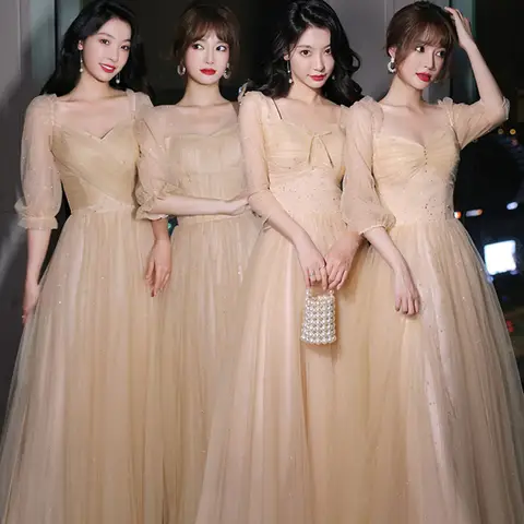 4 Styles Champagne Yellow Bridesmaid Dress Women's Elegant Half Sleeves Square Collar A-Line Ankle-Length Wedding Party Vestido