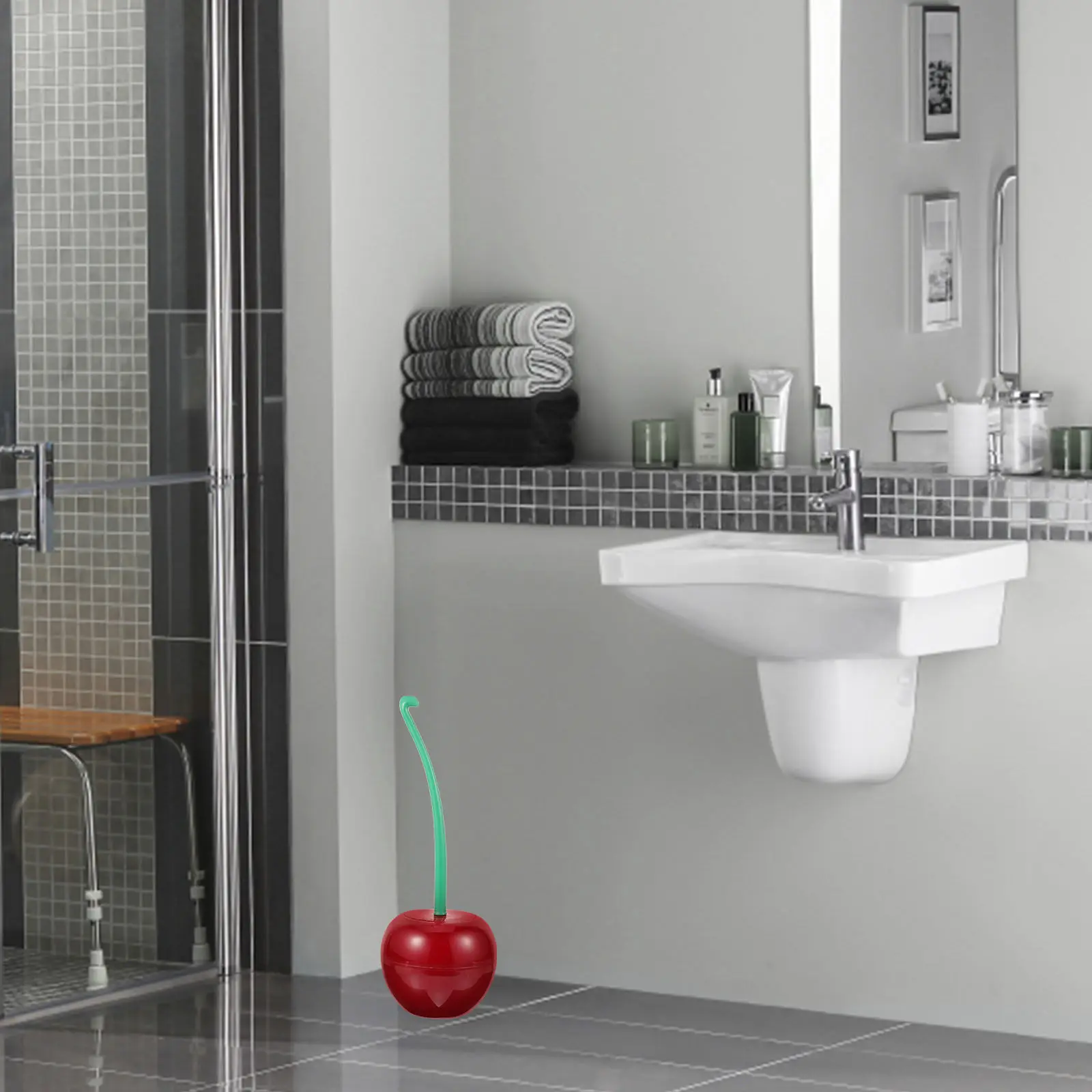 Cherry Shape Toilet Brush and Holder Set Plastic Bathroom Toilet Clean Tool with Long Handle for Home Hotel Office Use Red