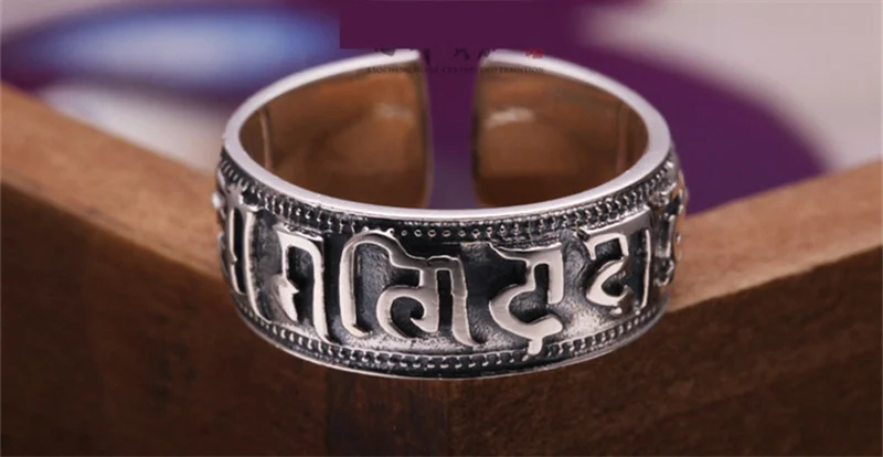 Trendy 925 Sterling Silver Ring For Women Men Jewelry Vintage Sanskrit Buddhist Scriptures Ring Female Male Finger Accessories view 3